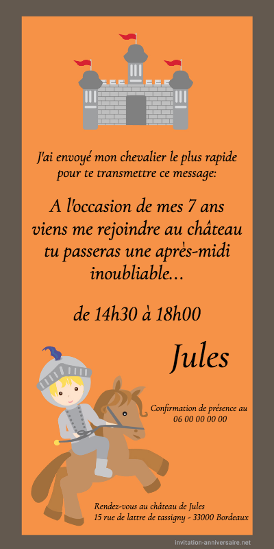 8 cartons d'invitations chevalier pour fête anniversaire à thème