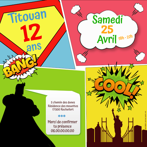 Carte anniversaire super héros fille - Carte d'invitation super heros