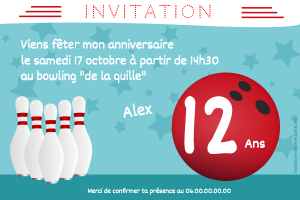 Carte d'invitation anniversaire bowling