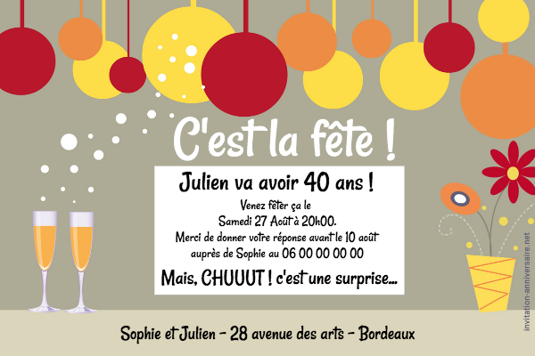 Carte d'invitation à un anniversaire adulte à imprimer gratuit