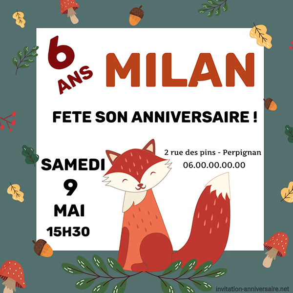 Invitation anniversaire enfant au thème forêt avec son renard et