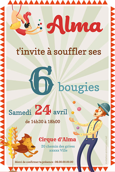 Carte invitation anniversaire, carton d'invitation, cirque fête