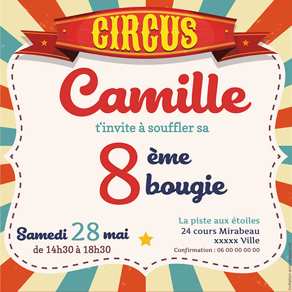 8 cartes d'invitation anniversaire Cirque garçon enfant