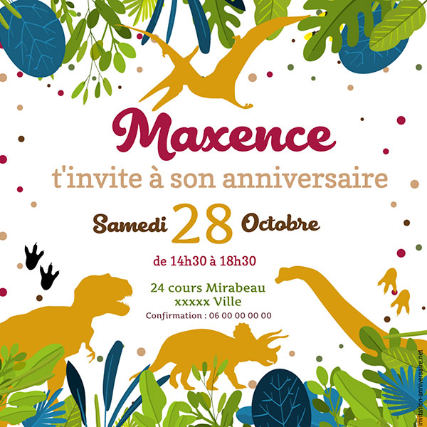 Carte d'invitation anniversaire enfant Dinosaures et guirlande - Fête