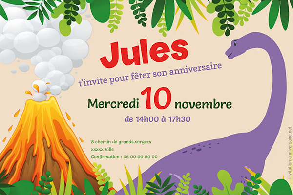 Invitation anniversaire dinosaure et volcan