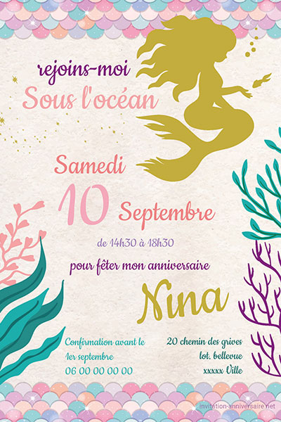 Carte d'invitation anniversaire sirène - Bout de Ficelle