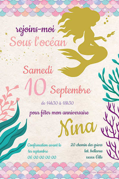 Carte d'invitation d'anniversaire Thème sirène V2, Modèles d'impression Y  compris : content et invitation - Envato Elements