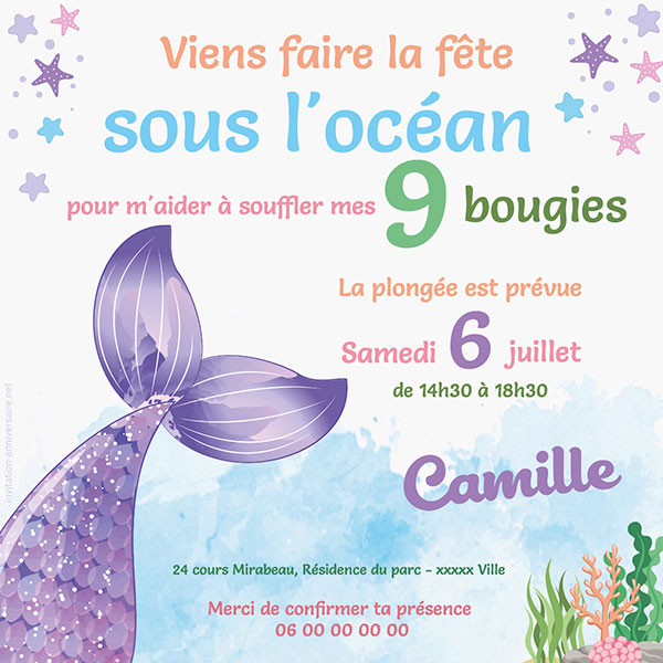 Invitation anniversaire sirène et corail