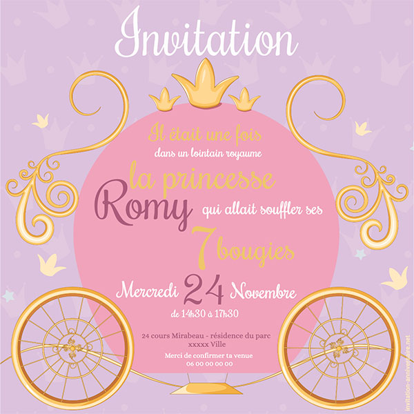 Invitation d'anniversaire Princesse personnalisée - Violet Quantité  souhaitée Veuillez choisir parmi les quantités proposées