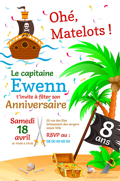 Nouvelle carte d'invitation « Pirates » – Anniversaires enfants à La Réunion