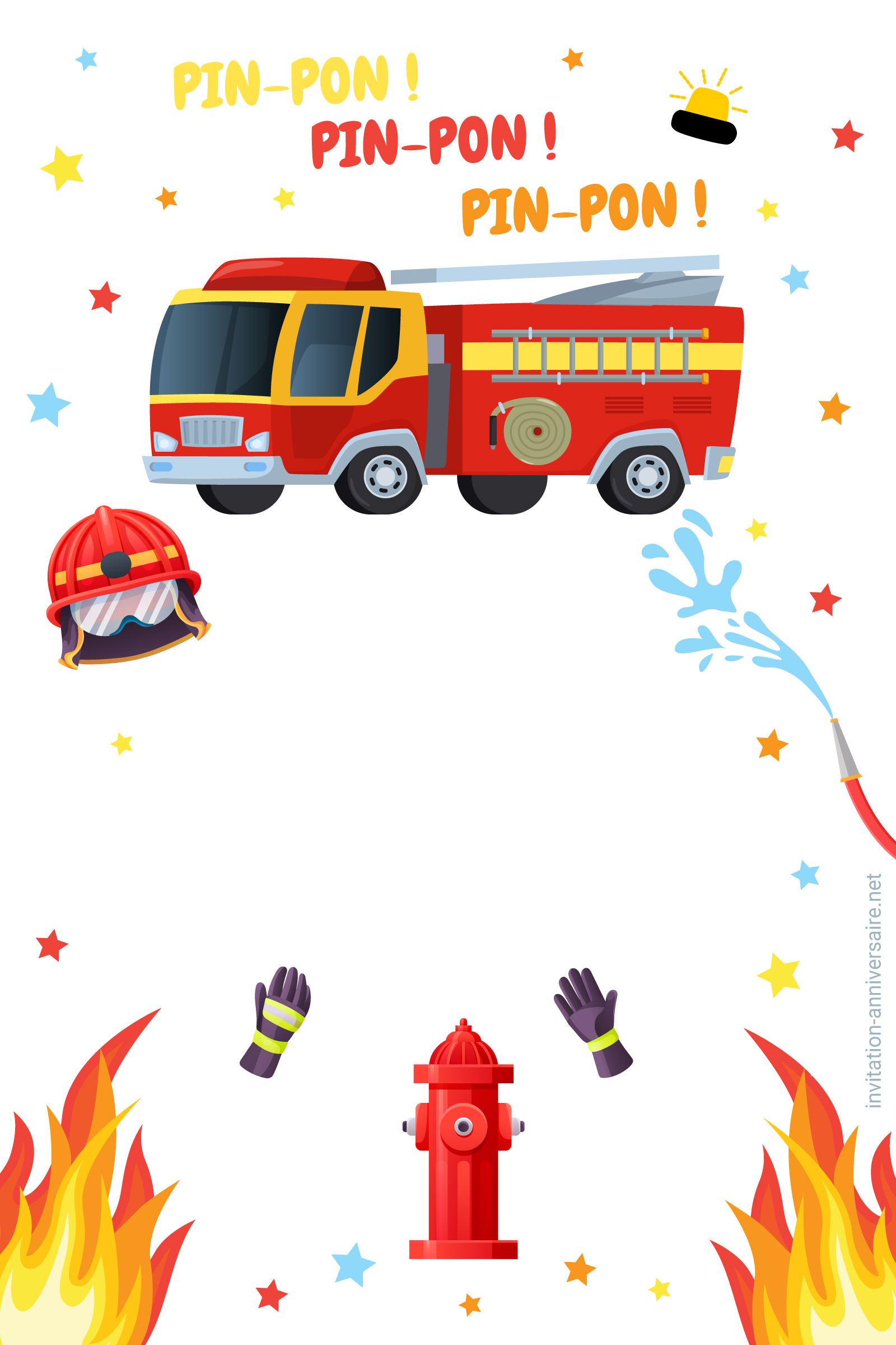 Cartes Invitation Anniversaire Pompier - Lot De 10 - Format A6 - Texte Français - Illustration Camion De Pompiers